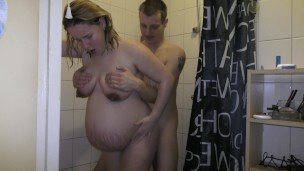 38 weeks pregnant showering, sex and cumshot on tits